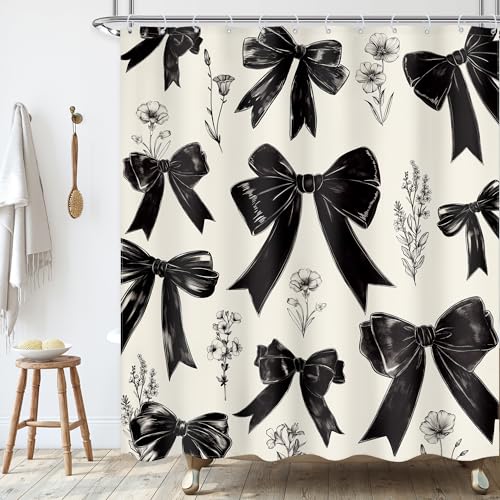 Black Bow Shower Curtain Girls Vintage Coquette Bowknot Floral Wildflower Retro Girly Fashion Elegant Plant 60Wx72L Inch Bathroom Set Aesthetic Bath Curtain Bathtub Accessories Home Decor - color: A 01black, size: 60"W x 72"L (Pack of 1)