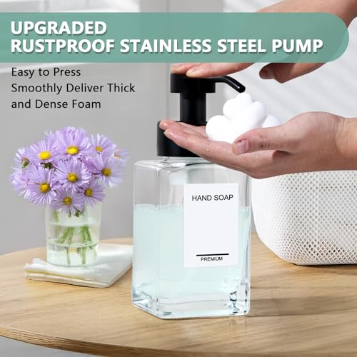Foaming Soap Dispenser 2 Pack, 12oz/350ml Glass Foaming Hand Soap Dispenser Set with Stainless Steel Pump, Square Refillable Foam Pump Bottles for Bathroom&Kitchen,Includes 6 Labels - color: Clear
