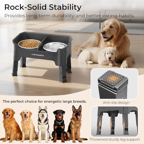 URPOWER Mess Proof Elevated Dog Bowls, High Wall Splash Guard Design, 4 Height Adjustable Raised Bowl Stand, 2 Stainless Steel Bowls, Non-Slip Food Water Set for Small Medium Large Dogs - color: Grey, size: Medium