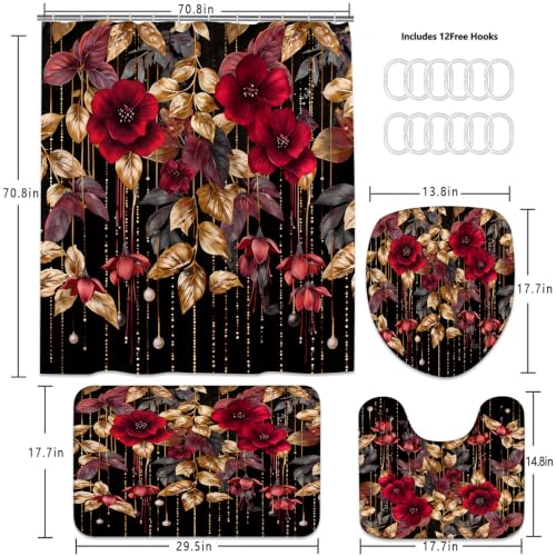 LQCOOL 4Pcs Red Flower Shower Curtain Set, Waterproof Bathroom Sets, Abstract Botanical Bathroom Sets with Shower Curtain and Rugs, Shower Curtain with 12 Hooks - color: Red Black