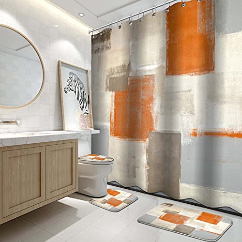 Lnond 4Pcs Bathroom Shower Curtain Sets with Rugs,Orange Modern Painting Art Bathroom Sets with Shower Curtain and Rugs and Accessories - color: Orange-01