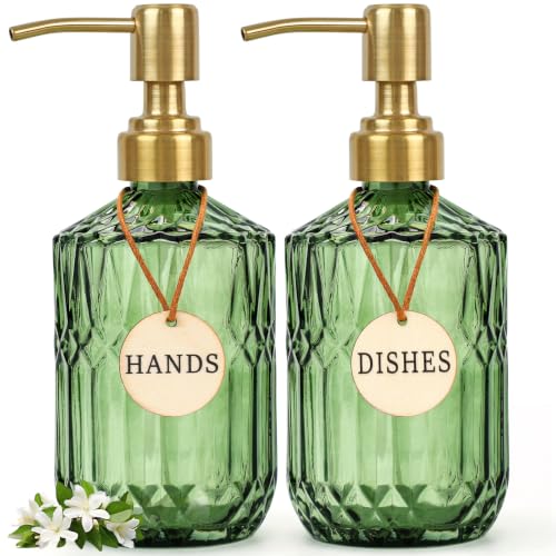 Green Glass Soap Dispenser (15.4 Oz, 2 Pack), Kitchen Hand and Dish Soap Dispenser Set with Golden Rust Proof Pump, Vintage Bathroom Hand Soap Lotion Dispensers - color: Green+golden Pump