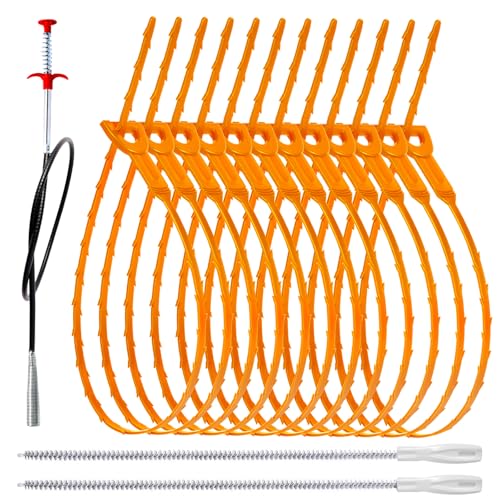 34inch Drain Snake (1pc), 20inch Hair Drain Clog Remover (12 pcs) & 18Inch Cleaner Brush (2 pcs), Sink Plumbing Snake Drain Tool Unclogger Tool Set For Kitchen, Bathroom Tub, Sewer, Toilet - style: 12pcs 20inch+1pcs 34inch+2pcs Cleaner Brush