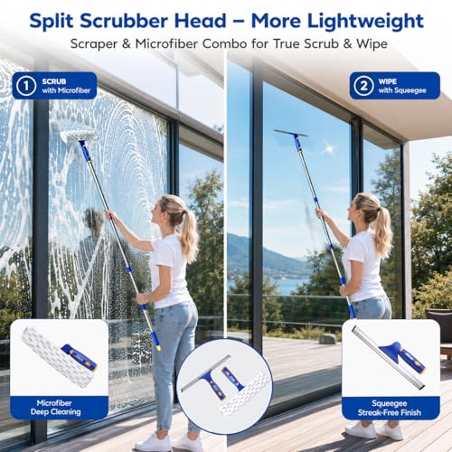 ITTAR Window Squeegee Cleaning Kit with 60" Extension Pole, Rotatable Glass Cleaner Tool 12" Rubber Blade & 2 Microfiber Pads, Window Washing Equipment for High Windows, Shower Doors, Car Windshield