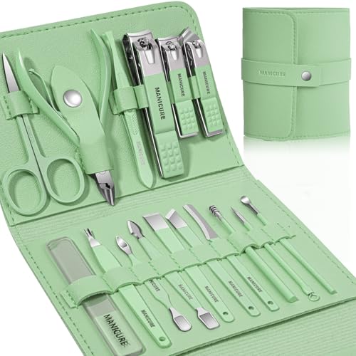 Manicure Set Professional Nail Clippers Pedicure Kit, 16 pcs Stainless Steel Nail Care Tools Grooming Kit with Luxurious Travel Leather Case for Thick Nails Men Women Gift (Green) - color: Green