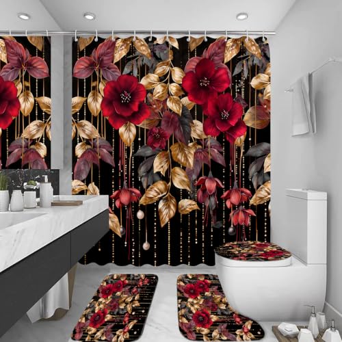 LQCOOL 4Pcs Red Flower Shower Curtain Set, Waterproof Bathroom Sets, Abstract Botanical Bathroom Sets with Shower Curtain and Rugs, Shower Curtain with 12 Hooks - color: Red Black