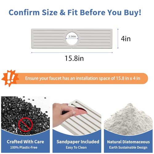 Faucet Mat for Kitchen Sink, Water Absorbent Kitchen Faucet Mat, Durable Sink Splash Guard with Raised Feet, Diatomite Fast Drying Kitchen Sink Faucet Mat, Bathroom Stone Drying Tray for Counter - color: White Gray Style 1, size: 15.8" x 4"