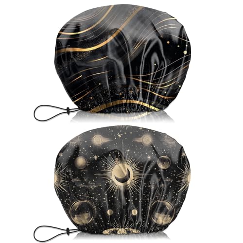2 PCS Shower Cap Waterproof Double Layer Elastic Adjustable Reusable Hair Bath Caps for Girls Women Cute Aesthetic-Black 2 - color: G12-Black 2