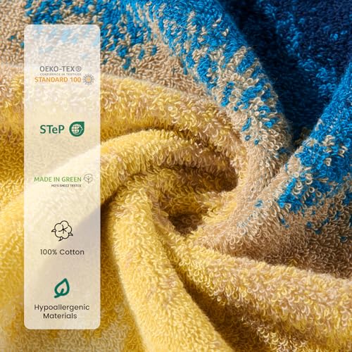 8-Piece Cotton Bath Towel Set for Bathroom, Hanging Loops, Coastal Ombre | Complete starter set for daily showers, sink-side use, small bathrooms, and guest baths, OEKO-TEX certified, easy care - color: C02: Colorful - Beach