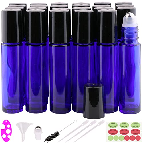 inice 24 Pack,10ml Roller Bottles for Essential Oils Cobalt Blue Glass Stainless Steel Roll On Ball Bottles for Travel - color: 24 PACK Cobalt Blue Roller Bottles