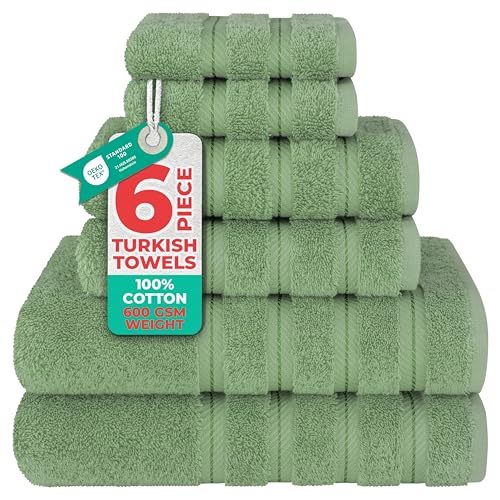 American Soft Linen 100% Cotton Luxury Turkish Towels, 6 Piece Towel Set | Soft Absorbent Quick Dry OEKO Tex Standard 100 Certificated Durable Machine Washable Breathable Premium Hotel Quality - color: Sage Green, size: 6PC (2BT + 2HT + 2WC)