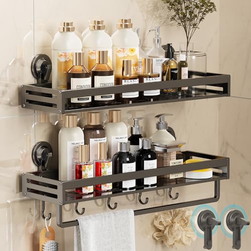 Suction Cup Shower Caddy, 15.7inch Extended Version, with 5 Hooks & Towel Rrack, No Drilling Required, Rust-Resistant Bathroom Shower Organizer (Dark Gray, 2-Pack) - size: 15.7 inches(2pack Dark Grey)