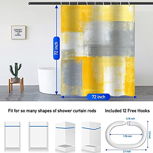 Lnond 4Pcs Yllow Bathroom Shower Curtain Sets with Rugs, Yellow Grey Abstract Painting Bathroom Sets with Shower Curtain and Rugs and Accessories - color: Yellow-01