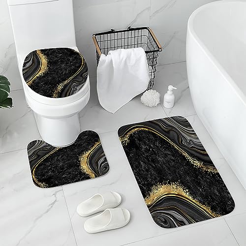 Gibelle 4 Pcs Luxury Marble Shower Curtain Set with Non-Slip Rugs, Toilet Lid Cover and Bath Mat, Black Gold Bathroom Decor Set with Shower Curtain and Rugs and Accessories - color: Black