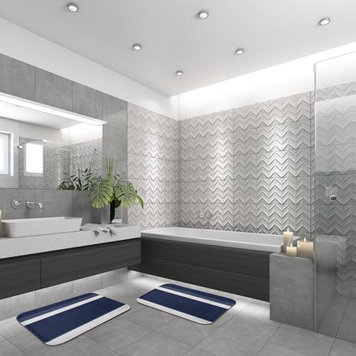 ArtSocket Navy Grey Nautical Bathroom Set with Shower Curtain and Bath Rugs and Accessories, Striped Modern Non-Slip 3 Pcs, 72" L x 72" W Curtain, 23.6" L x 15.7" W + 19.7"x 31.5" Rugs - color: Navy Grey