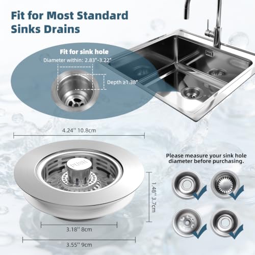 Hibbent Metal Kitchen Sink Drain Strainer and Stopper, Stainless Steel | Upgraded Universal 3 in 1 Pop Up Design, Detachable Larger Anti-Clog Basket, 3-Layer Seal Plug for Standard 3-1/2" Drain - color: Stainless Steel