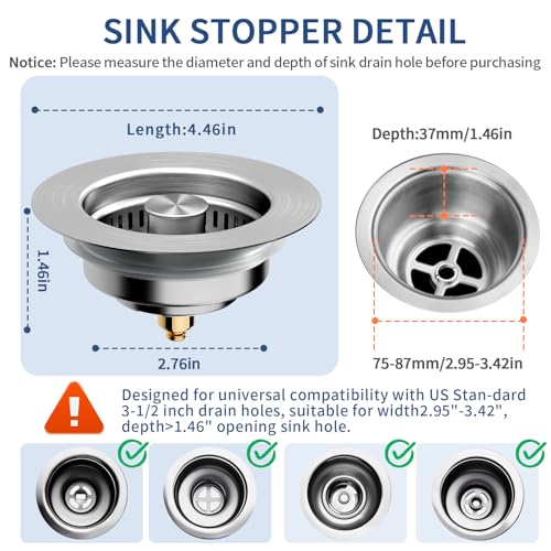3-in-1 Kitchen Sink Drain Strainer - Pop Up Sink Stopper, Stainless Steel Sink Drain Strainer, Kitchen Sink Stopper & Drain Plug with Anti-Clogging Basket,Sink Strainer Fits US Standard 3-1/2'' Drains - color: Sus304 Brushed 1pack