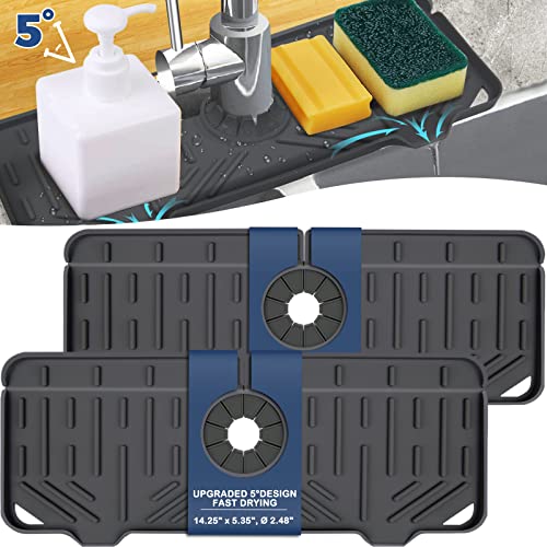 2 Pcs Silicone Faucet Handle Drip Catcher Tray Mat, 2 in 1 Dish Soap Sponge Holder for Kitchen Sink & Sink Splash Guard, Silicone Faucet Mat Drying Mat for Kitchen Sink Accessories, Counter, Bathroom - size: Black(2Pack): 14.25"x5.35"