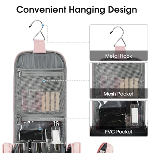 Narwey Hanging Toiletry Bag for Women Travel Makeup Bag Organizer Toiletries Bag for Cosmetics Essentials Accessories - color: Pink