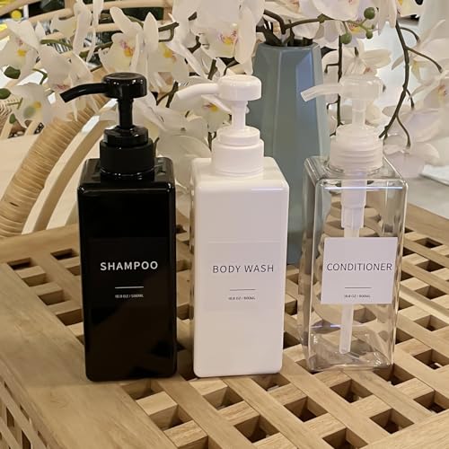 Shampoo and Conditioner Dispenser, Refillable Plastic Shampoo Pump Bottles with Waterproof Labels, Empty Body Wash Dispenser Set for Bathroom, Shower Soap Bottles (White, Set of 3, 16.9oz) - color: White