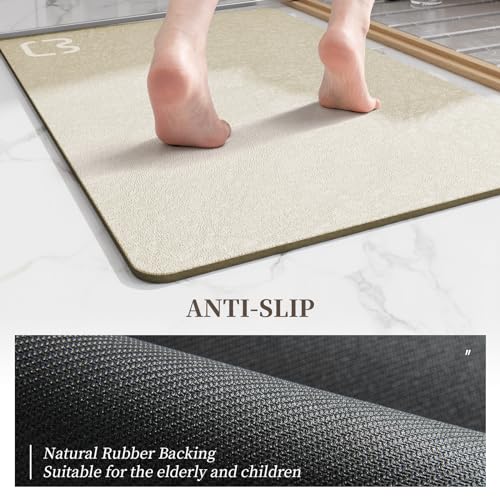 RUERYA Beige Bathroom Mat Rugs 15.7" x 47.2" Super Absorbent Quick Drying Diatomaceous Earth Bath Mats for Bathroom Non Slip Rubber Backed Thin Bathroom Rugs Floor Mat, Machine Washable - color: Beige, size: 1'4" x 3'11" (Rectangular)