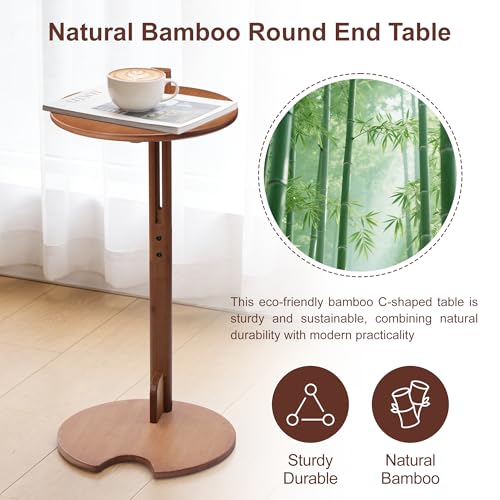 Bamboo C Shaped Side End Table 18–26" Height Adjustable for Sofa | Round Slide Under Couch TV & Snack Tray, Mid Century Modern Laptop Desk for Small Spaces Living Room Bedroom Bedside - color: Walnut