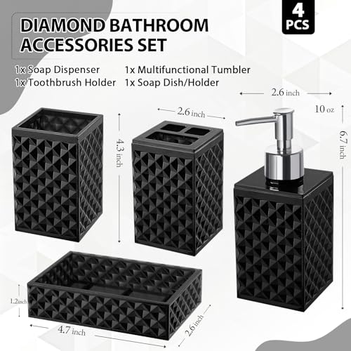 RYTOXILO Black Bathroom Accessories Set, 4 Pack Matte Black Bath Accessory Sets Complete, Acrylic Soap Dispenser and Toothbrush Holder Set for Bathroom Counter Sink, Modern Bathroom Decor - color: Black