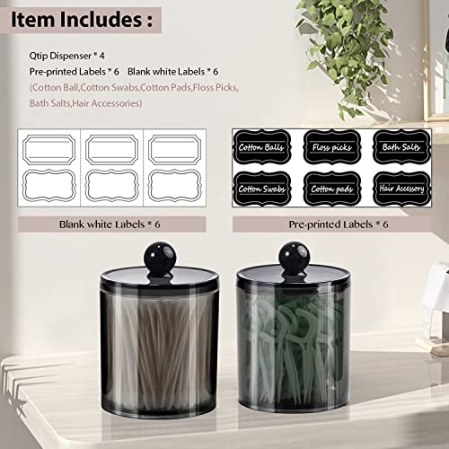 SheeChung Qtip Holder, Acrylic Apothecary Jars with Chalkboard Labels - Shatterproof Qtip Holder for Bathroom - Vanity Storage Canisters for Cotton Swabs,Balls,Floss Picks（4-Pack Black） - size: 4 pack 12 oz