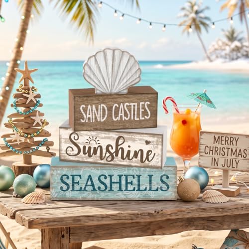 Yuntau 4 Pcs Summer Decorations for Home Beach Shells Wooden Tabletop Decor Summer Tiered Tray Decor Rustic Sand Castles Sunshine Seashells Block Sign Centerpiece Farmhouse Table for Shelf Office - style: Shells