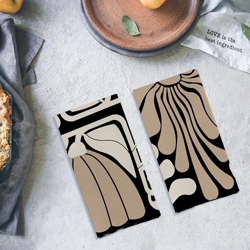 Abstract Boho Neutral Taupe and Beige Floral Kitchen Towels Set of 2, Retro 70s Groovy Floral Hand Towels for Bathroom, Modern Minimalist Botanical Dish Tea Towels for Kitchen Decor, 16x24 Inch - color: Boho Neutral Taupe