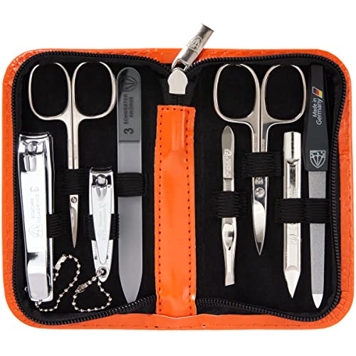 3 Swords Germany - brand quality 8 piece manicure pedicure grooming kit set synthetic leather case orange - Made in Germany - color: ORANGE