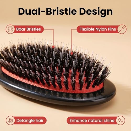 Boar Bristle Hair Brush for Women Men Painless Detangling Paddle Brush for Curly Fine Tangled Hair, Anti-frizz Boar Nylon Bristle Cushioned Brush, Includes Cleaning Tool