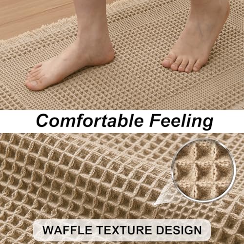 JIUZHEN Waffle Bath Mat Super Absorbent Bath Mat Non Slip Boho Bath Rugs for Bathroom Floor Machine Washable Quick Drying Bathroom Rugs with Tassels, 20" x 32", Loop-Brown - color: Loop-brown, size: 1'8" x 2'8" (Rectangular)