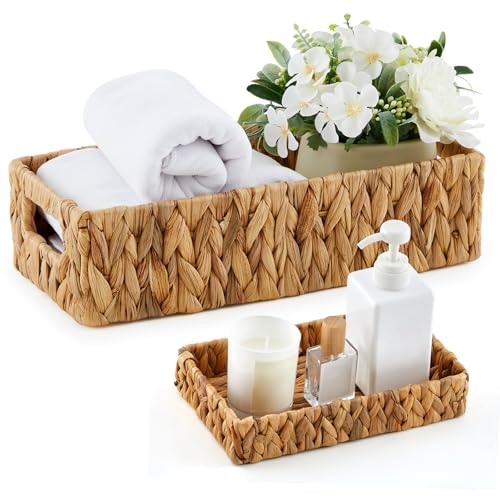 2 Pcs Toilet Paper Basket for Back of Toilet Wicker Water Hyacinth Basket Topper and Vanity Tray Set with Built-in Handles for Paper Hand Towel, Bathroom, Home, Spa(Light Brown) - color: Light Brown