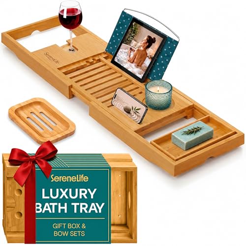SereneLife Premium Bathtub Tray Caddy, Expandable Bath Tray, Unique House Warming Gifts, Gift for Mom, Women, New Home, Wedding, Anniversary, Bridal Shower, Universal Fit for All Tub -Natural, GiftSet - color: Natural, Gift Set