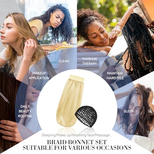 Long Hair Bonnet-Hair Wrap Net for Silk Press Set Braid Bonnet for Sleeping Extra Long Wrap Cap 2 Piece Set Anti Frizz Reusable Elastic Shower Cap for Braids, Curly(black net, gold bonnet) - color: Black Net, Gold Bonnet