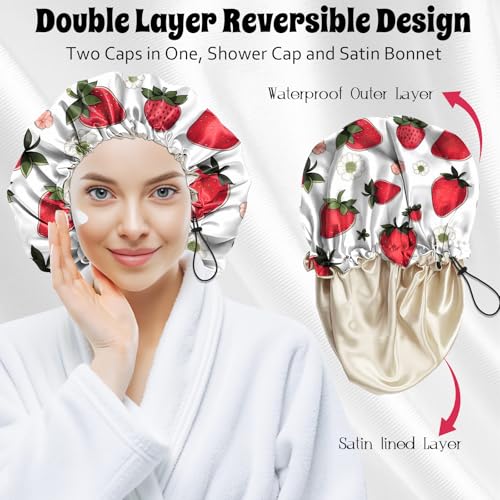 Luxury Shower Cap Satin Lined Reusable Waterproof Double Layer Elastic Adjustable Hair Bath Cap Cute Aesthetic Women Girls-Strawberry - color: F2-Strawberry