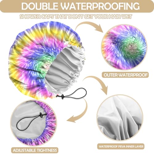 2 PCS Shower Cap Adjustable Reusable Double Waterproof Layer Elastic Hair Bath Cap Cute Aesthetic for Women Girls-Multicolour 2 - color: I17-Multicolour 2