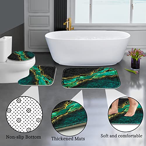 Poedist 4 Pcs Gold Edge Marble Bathroom Shower Curtain Set, Bathroom Sets with Shower Curtain and Rugs(Bath Mat,U Shape and Toilet Lid Cover Mat) and 12 Hooks-Green - color: Green Yellow