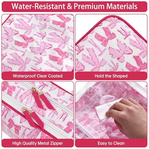 Travel Toiletry Bag for Women, Waterproof Clear Coated Portable Stripe Makeup Cosmetic Bag with Compartment, Travel Organizer for Shampoo, Conditioner, Brushes Set,Cosmetic Accessories(Pink Bow) - color: Pink Bow