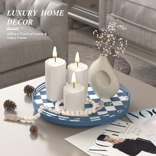 Premium Rubber Wood Lazy Susan Turntable, Blue White Checkerboard Decorative Serving Tray, Hand-Welded Metal Railing, Stable Rotating Organizer for Dining Table, Kitchen Counter, Coffee Table Decor - color: Blue & White, size: 12 inches