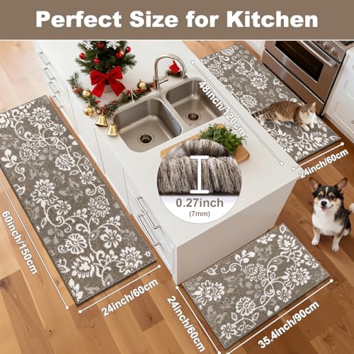LOKHOM Boho Kitchen Rugs Sets of 3, Non Slip High-Low Textured Kitchen Mats for Floor with Rubber Backing, Paisley Floral Washable Carpet Runner for Hallways Entryway Laundry Sink (Brown & White) - color: Brown, size: 24"x35"+24"x48"+24"x60"