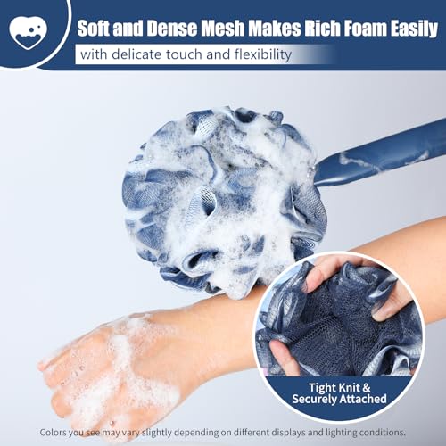 VANZAVANZU Loofah Sponge Set Loofah Exfoliating Body Scrubber, Anti-Slip Plastic 17" Handle Loofah on a Stick with Fluffy Shower Sponge, PE Soft Mesh Shower Loofahs-Blue with White Edge