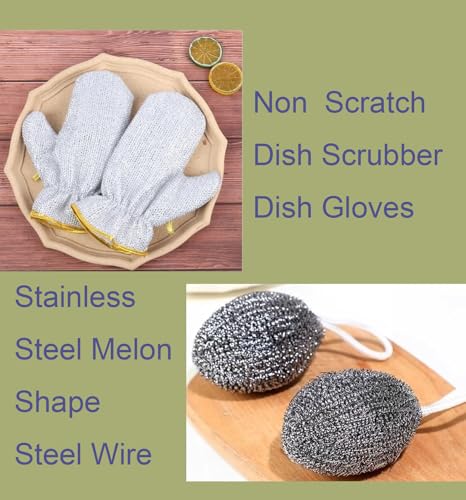 2PCS Dishwashing Gloves Silver and 2PCS Stainless Steel Melon Shape Steel Wire Ball(white/gray rope) - color: White