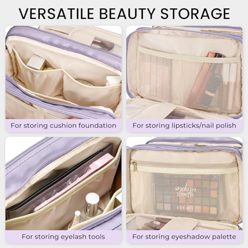 HauteHues Travel Makeup Bag Women's Large Capacity Cosmetic Portable Organizer Large Opening Waterproof Storage Toiletry Bags Vertical Free-Standing Brush Holder for Easy Access Purple - color: Purple