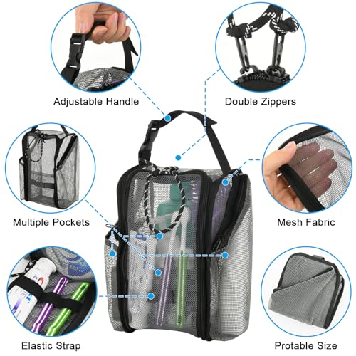 Cosmos Mesh Shower Caddy Toiletry Organizer Hanging Shower Tote Bag, Quick Dry Shower Organizer Portable Bath Bag with Durable Zippers & Side Pockets for Travel Gym Swimming Beach & Camp (Gray) - color: Gray