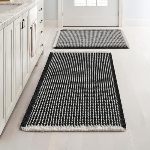 MIULEE Set of 2 Waffle Bathroom Rugs, Boho Bath Rugs Non Slip Washable, Super Absorbent Bath Mats, Ultra Soft Rubber Backed Shower Mats for Bathroom Floor, Tub, Black & Cream, 17"x24"+18"x30" - color: Black & Cream, size: 17''x24'' + 18''x30''