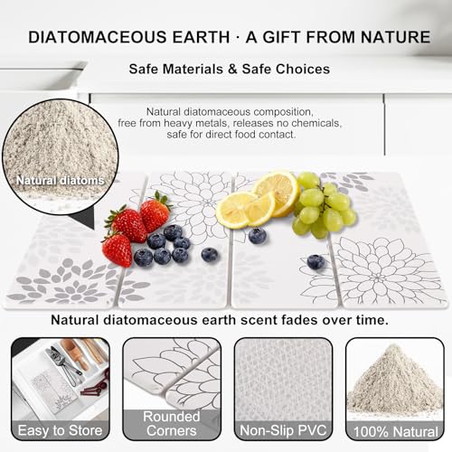 Stone Drying Mat for Kitchen Counter 3-Pack, Soft Diatomaceous Earth Absorbent Mat Set, Quick Dry Stone Faucet Splash Guard & Small Drying Pad, Foldable Diatomite Stone for Pet, Plant & Bath - color: White Floral