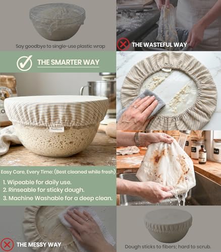 M L XL Dual-Layered Large Cotton Bowl Covers for Bread Sour Dough Rising, Waterproof TPU Liner, 9" 11" 13" Elastic Reusable Cloth Sourdough Shower Caps Lid for Proofing & Fermentation