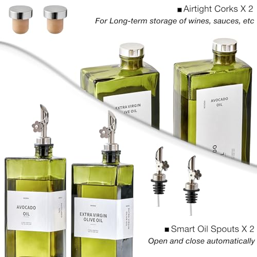 Olive Oil Dispenser Bottle for Kitchen, 16.9oz /500ml Cooking Vinegar Dispenser Bottle Set, Glass Sauce Container, Labels, Brush, Funnel, Stoppers, Green for Oil, Wine - color: Silver